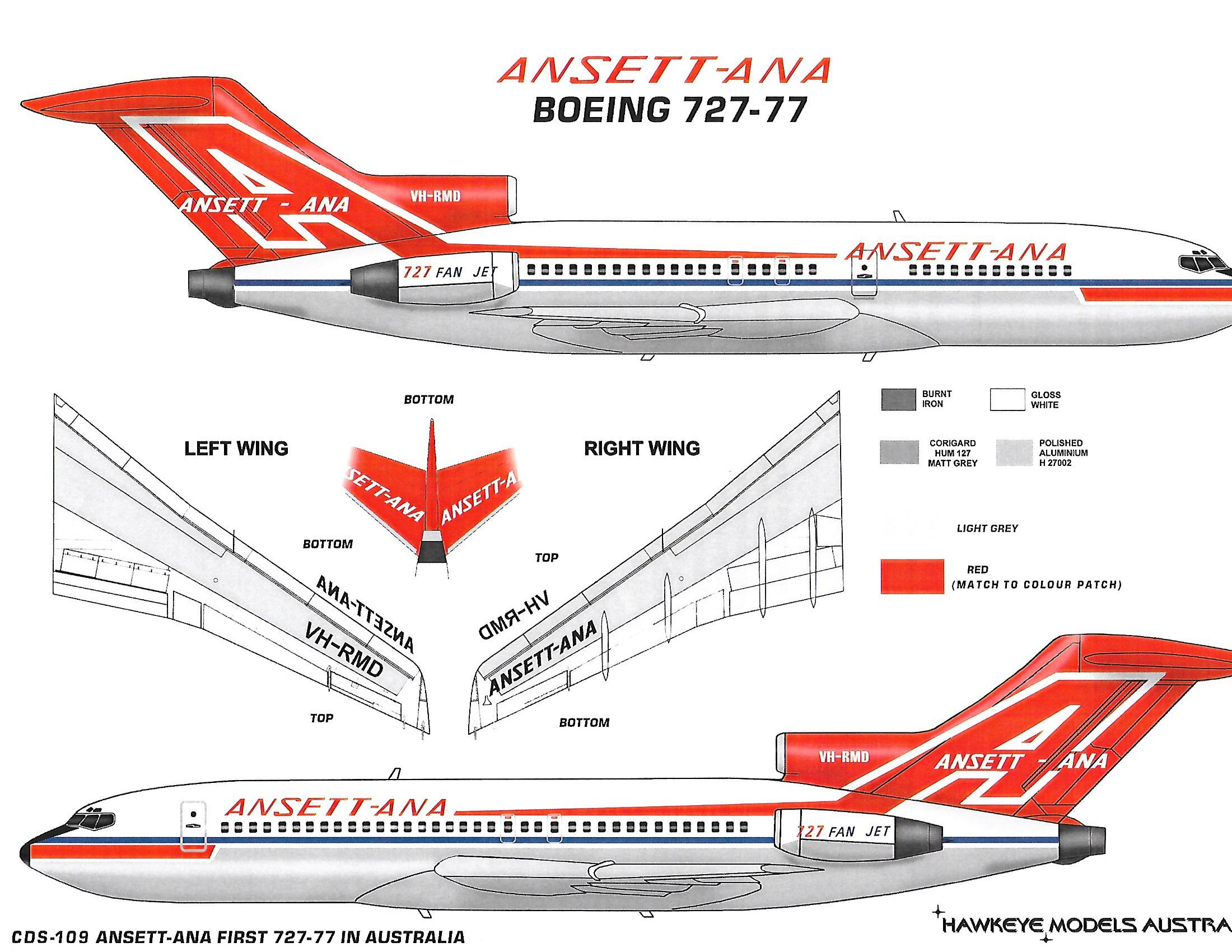 1/144 ANSETT-ANA DECALS; Boeing 727-77 Initial Livery 1964 