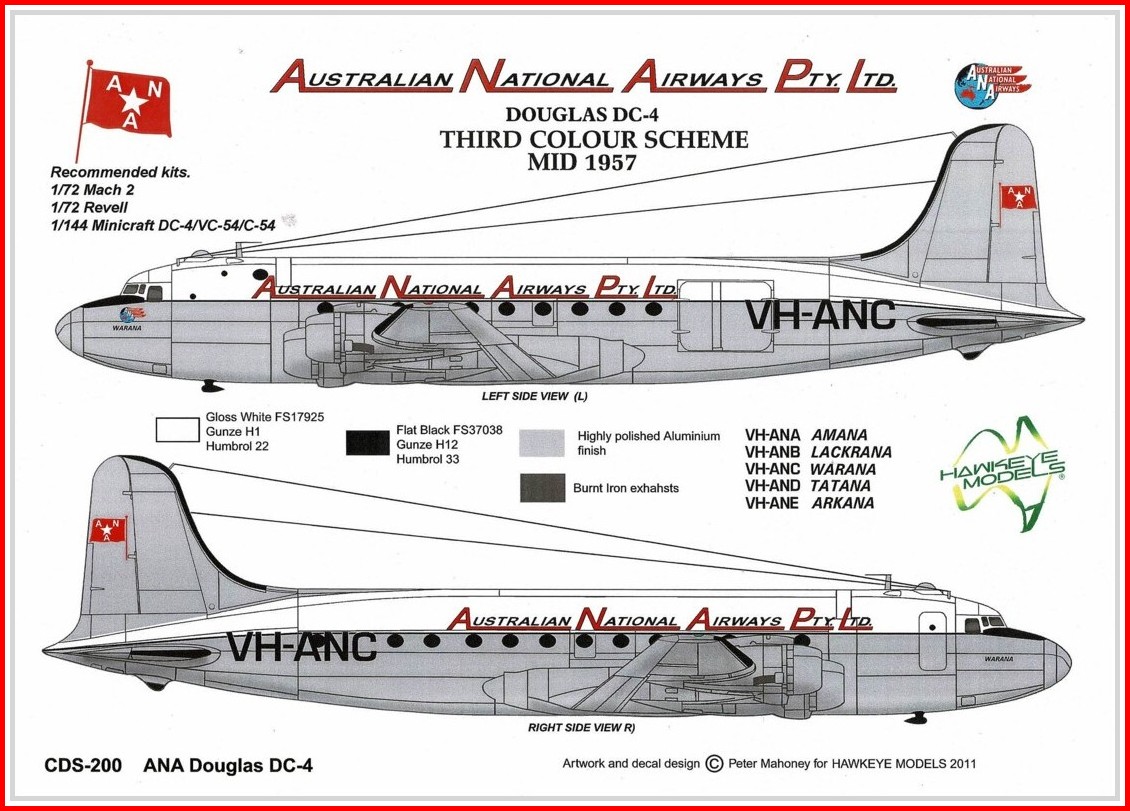 1946-1957 DECALS; Douglas DC-4 1/144 Australian National Airways ANA 